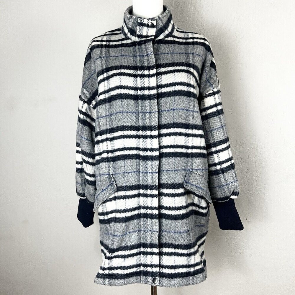 Steve Madden Plaid Times Jacket Navy Coat Oversized Full Zip Size Small NEW